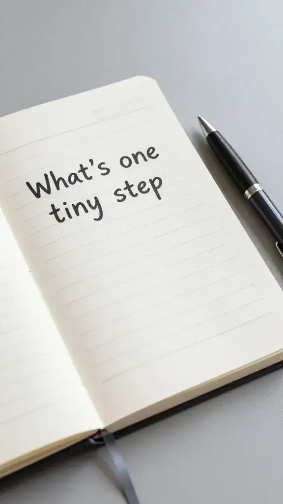 Closeup of a single notebook and pen on a calm desk, label "What’s one tiny step" visible