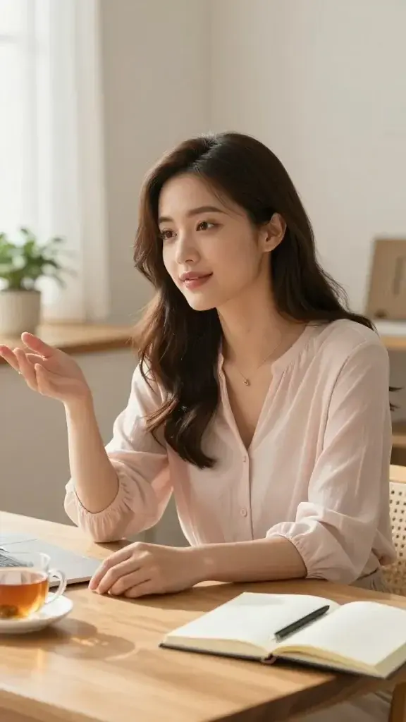 A high-quality, realistic photo of a young woman embodying the “soft girl” aesthetic in a bright, cozy indoor setting. She sits at a clean, well-lit wooden desk with a warm, natural color palette (soft pinks, creams, and gentle beiges). She wears a light, flowy blouse and delicate jewelry, with her hair styled in loose, effortless waves. The scene captures mid-conversation: she is leaning slightly forward with a gentle, attentive expression, one hand resting softly on the desk while the other gestures slightly as if pausing to collect her thoughts. A subtle, inviting smile suggests warmth and empathy. In the background, a cup of tea, a small potted plant, and a notebook with a pen convey a calm, intentional environment for listening. Soft, diffused natural light streams in from a window, casting gentle shadows and emphasizing a serene, approachable mood. The composition conveys active listening, calm confidence, and open body language, illustrating how careful speech and genuine listening foster deeper connections.