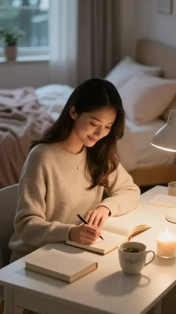 A realistic, high-quality photo of a serene, softly lit evening scene featuring a main female subject embodying a gentle, poised “soft girl” aesthetic. She sits at a tidy vanity desk by a warm, amber-glow lamp, writing in a small gratitude journal with a calm smile. The desk is uncluttered, holding a few minimal items: a closed book, a delicate ceramic mug with herbal tea, and a scented candle. In the background, a neatly made bed with pastel linens, a plush throw, and a window showing a quiet evening outside. The atmosphere is cozy and intimate, with muted, natural colors (cream, blush pink, sage) and soft focus to convey reflection, self-kindness, and gentle nightly rituals without any text overlays. The subject’s outfit is simple and elegant: a soft knit sweater in a neutral tone and minimal jewelry, conveying effortless self-care and mindfulness. Image should feel warm, calming, and authentic, emphasizing gratitude, self-reflection, and preparation for tomorrow.