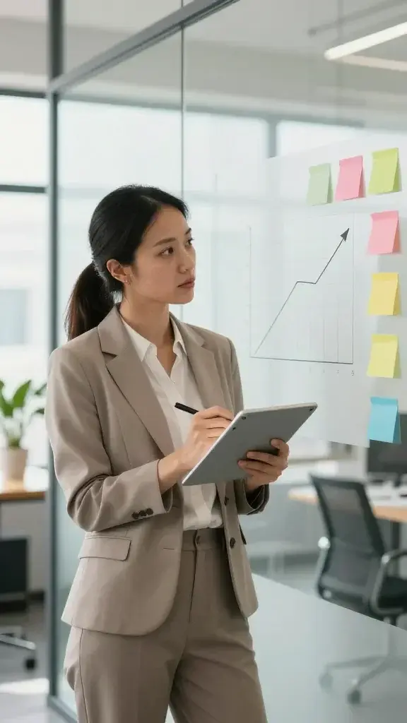 A realistic, high-quality photo of a focused woman in her late 20s to early 30s standing in a modern workspace with natural light, wearing smart-casual attire (neutral tones) and holding a digital tablet in one hand while jotting notes on a small notepad with the other. She is in front of a whiteboard or glass wall filled with neat, colorful sticky notes and a simple line chart showing a gradual upward trend. Her expression is thoughtful and determined as she analyzes the notes, embodying a data-driven mindset. The environment is calm and organized, with clean lines, a few potted plants, and a soft, neutral color palette to emphasize clarity and progression. No text or overlays on the image.
