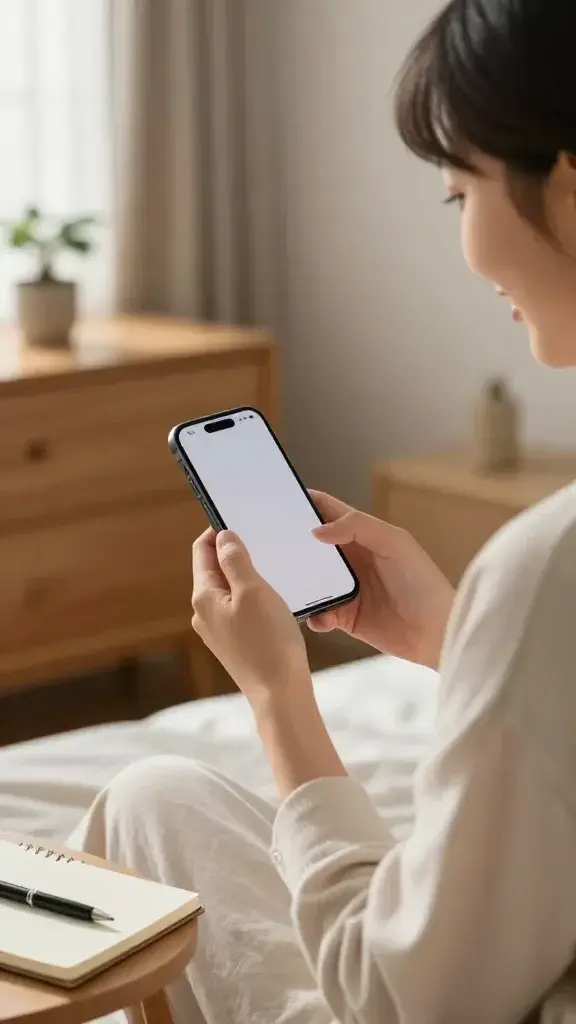 A high-quality, realistic photo of a person sitting in a cozy, minimalistic bedroom at morning light, holding a smartphone with a subtle glow on their face. The phone screen is visible but not legible, showing a clean, simple lockscreen design in soft, neutral colors. The person is mid-action—unlocking the phone with a slight, purposeful smile—while a small, tasteful notebook and a pen rest on a bedside table, hinting at an actionable goal for the day. The background features warm wood tones, a tidy dresser with a single plant, and a window with sheer curtains that filter gentle sunlight, creating a calm, focused atmosphere. The overall composition emphasizes a single, clear intention to transform the phone into a tiny coach, with no text or overlays on the image. The main subject is a relatable individual who embodies motivation and small but meaningful habit shifts, ready to start with one line of action.