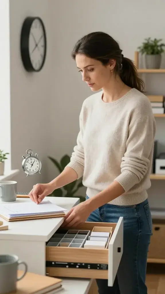 A high-quality, ultra-realistic photograph of a focused, determined woman in her early 30s, standing in a sunlit, neatly organized home office. She wears casual but tidy attire (soft sweater and jeans), with a calm, purposeful expression as she completes a micro-decluttering task. In the foreground, a small desk surface is partially cleared, with a stopwatch hovering in the air or subtly shown on a wall clock to imply a 60-second surface clear. Nearby, an organized drawer with neatly arranged contents is partially open, revealing labeled compartments and a small stack of items being put away. A few everyday objects (papers, a mug, a notebook) are either in the process of being filed away or already neatly stacked on the desk or a nearby shelf. The room features clean lines, neutral tones, and soft natural light that emphasizes orderliness and calm. The overall scene conveys momentum from a tidy backdrop, with a sense of momentum and focus guiding the viewer toward action.