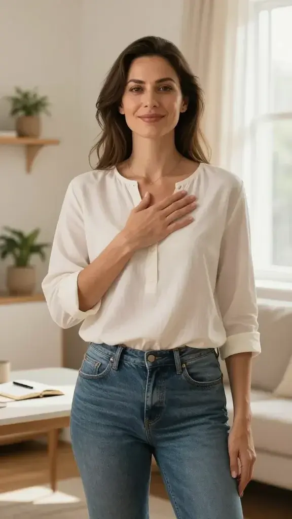 A high-resolution, realism-style photograph of a confident, poised woman standing in a softly lit, calm living space. She has a warm, approachable expression and is dressed in comfortable, casual attire that conveys self-respect and inner strength (e.g., a simple blouse and tailored jeans). She stands with good posture, shoulders back, one hand resting gently on her heart and the other relaxed at her side, embodying courage and kindness. The scene includes subtle, supportive elements: a small plant on a shelf, a clean desk with a journal and a pen, and natural light streaming through a window, creating a serene, empowering atmosphere. The color palette is warm and inviting—creamy neutrals with soft golden hour tones—to evoke steadiness, clarity, and compassionate self-talk. The composition focuses on her presence as the main subject, with a shallow depth of field to softly blur the background, emphasizing her as the ally she becomes for herself. No text or overlays.