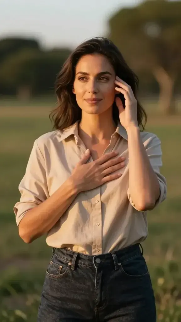 A realistic high-quality photograph of a confident woman standing in a serene outdoor setting at golden hour, bathed in warm, natural light. She exudes calm assurance, with a subtle smile and a thoughtful gaze as she places one hand over her heart and the other lightly touching her temple, conveying listening to her intuition. She wears a simple, elegant outfit in earthy tones—soft beige blouse and dark denim—against a blurred background of trees and a calm landscape that suggests pause and reflection. The composition centers the subject with a shallow depth of field to keep the focus on her composed expression and posture, conveying inner guidance and trust in her gut. No text or overlays.