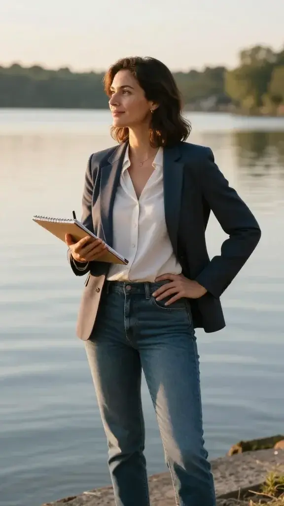 A realistic, high-quality photograph of a confident woman standing at the edge of a calm lake at golden hour, looking out over the water with a subtle smile. She is dressed in a smart-casual outfit—a tailored blazer over a simple blouse and jeans—embodying empowerment and control. She holds a notepad and pen in one hand, with the other hand resting on her hip, as if ready to author her own story. The scene conveys self-determination and clarity, with warm sunlight illuminating her face and the surrounding landscape reflecting a fresh, present-tense mindset. No text or overlays.