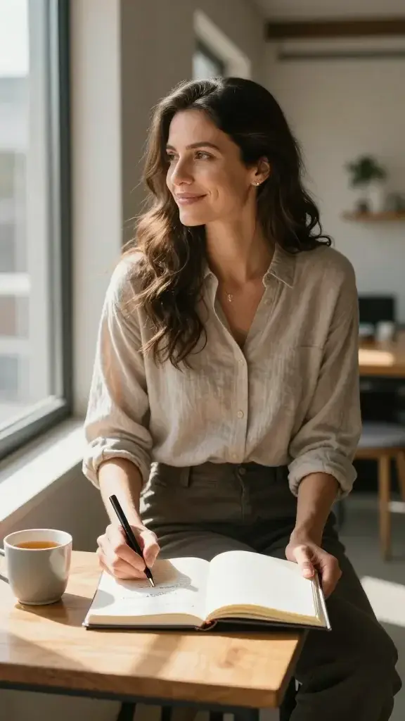 A realistic, high-quality photo of a confident woman standing in a sunlit modern loft, smiling softly as she journals on a small wooden desk. She sits beside a window with warm natural light casting gentle shadows, a clean notebook open to a single-line takeaway written in neat handwriting, and a minimal cup of tea nearby. The scene conveys celebration of small wins and learning from setbacks, with a calm, empowering atmosphere that emphasizes self-reflection, resilience, and personal growth. The woman is the main subject referenced by the article title, dressed in comfortable, stylish attire, with a subtle, contemplative expression that suggests momentum and clarity. No text or overlays on the image.