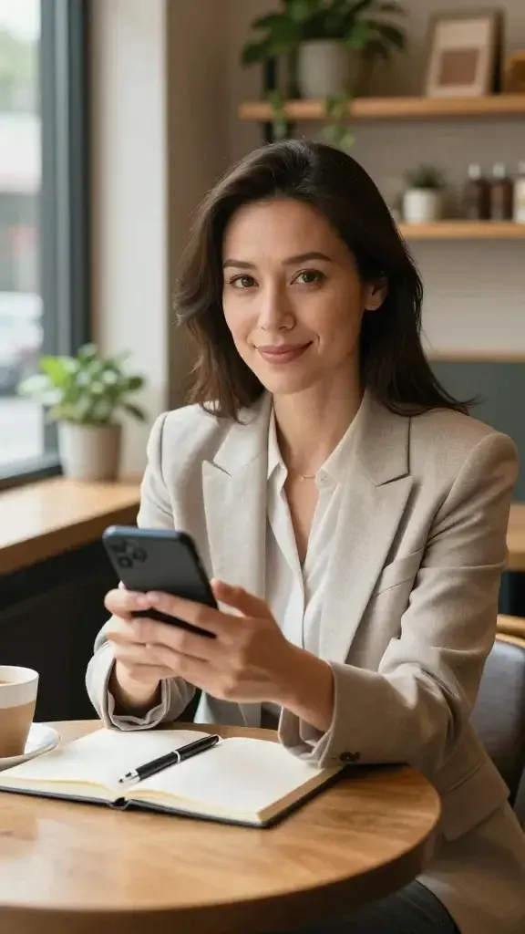 A realistic, high-quality photo of a focused, confident woman seated at a cozy, well-lit cafe corner, mid-30s with natural makeup and soft, professional attire (neutral tones). She is smiling gently, reaching her phone toward the camera as if about to send a message or make a call for help, with a warm, inviting expression that conveys strength and openness. On the table are a notebook, a pen, and a cup of coffee, suggesting a purposeful moment of asking for support. The background shows blurred shelves with plants and books, creating a supportive, nurturing atmosphere. Natural daylight streams in from a window, highlighting her relaxed posture and clear, composed demeanor. No text or overlays.