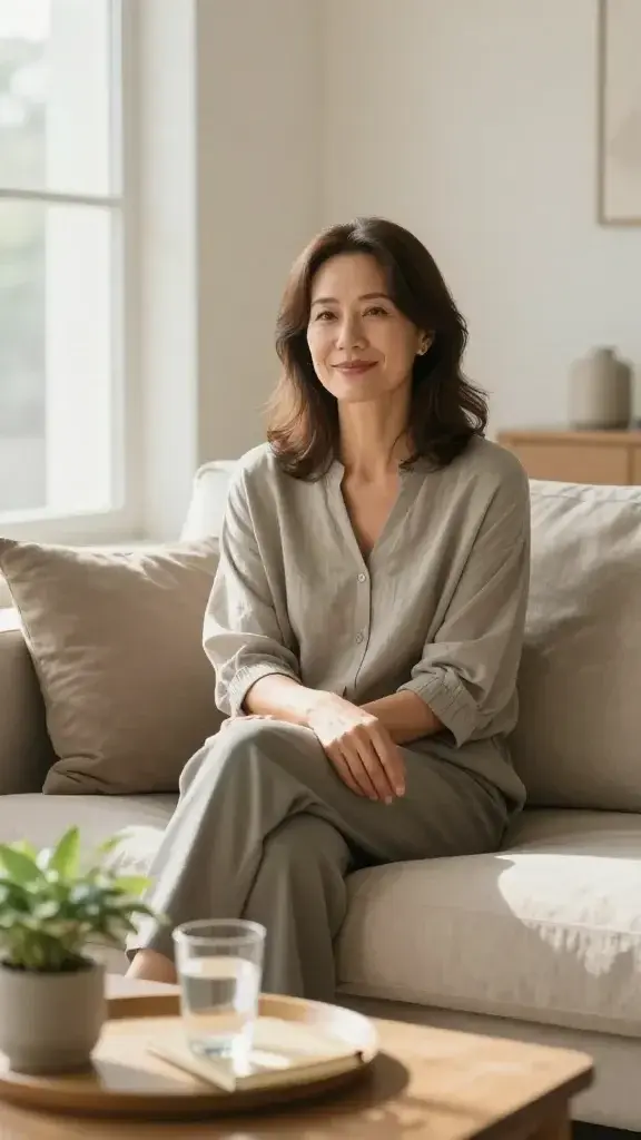 A realistic high-quality photograph of a poised, middle-aged woman seated in a peaceful, minimalist living room. She sits upright on a soft, neutral-toned sofa with a calm, gentle smile, hands resting loosely in her lap. Natural light streams in from a large window, casting warm, diffused illumination that enhances a serene atmosphere. Subtle, earthy colors (soft beige, muted sage, warm gray) dominate the scene. In the foreground, a small potted plant and a neatly arranged tray with a glass of water and a closed notebook add quiet grounding details. The woman appears ready for a meaningful conversation, embodying grounded calm and confidence. No text or overlays on the image.