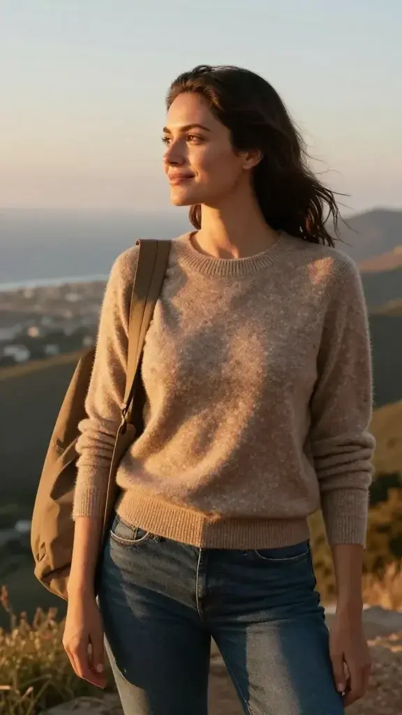 A realistic, high-quality photo of a confident woman standing at a scenic overlook during golden hour, gazing toward the horizon with a serene smile. She has natural, radiant skin and wears a comfortable, stylish outfit in earthy tones — a soft, fitted sweater and jeans, with a lightweight jacket draped over one shoulder. Her posture is relaxed yet assertive, shoulders back, head slightly tilted as if embracing her unique path. In the background, a vast landscape unfurls—rolling hills or a coastline—bathed in warm sunlight, with a subtle bokeh effect to emphasize depth. There is no text or overlays in the image.
