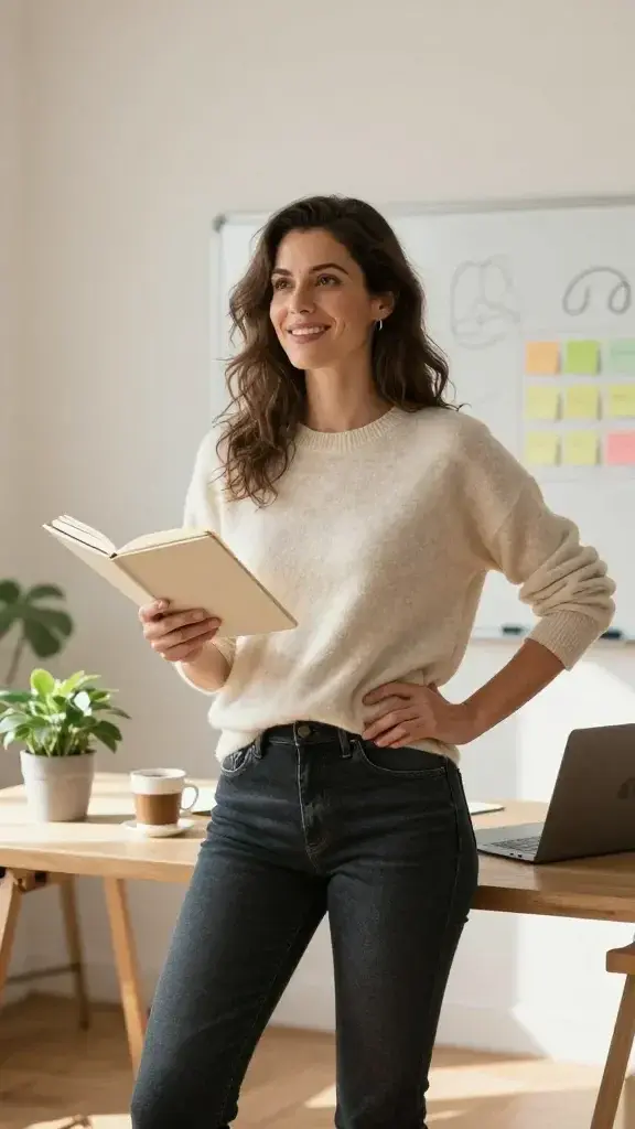 A high-resolution, realistic photograph of a joyful, confident woman standing in a sunlit, minimalist workspace with warm natural light. She is in her mid-30s, wearing casual yet stylish attire—a soft cream sweater and dark jeans—and has a relaxed, focused expression as she looks slightly off-camera, embodying personal empowerment. She stands with one hand on her hip and the other holding a notebook open to a clean page that reads no text, but visually conveys planning and fulfillment. Surrounding her are tasteful, uncluttered elements: a tidy desk with a single potted plant, a laptop, a cup of coffee, and a whiteboard in the background with a few abstract, non-distracting shapes and a simple, colorful sticky-note grid. The environment exudes calm energy and sustainable motivation, suggesting she is defining success on her own terms for the month. The overall mood is inspired, self-assured, and purposeful, with natural tones and soft shadows to create a cinematic, editorial-quality image.
