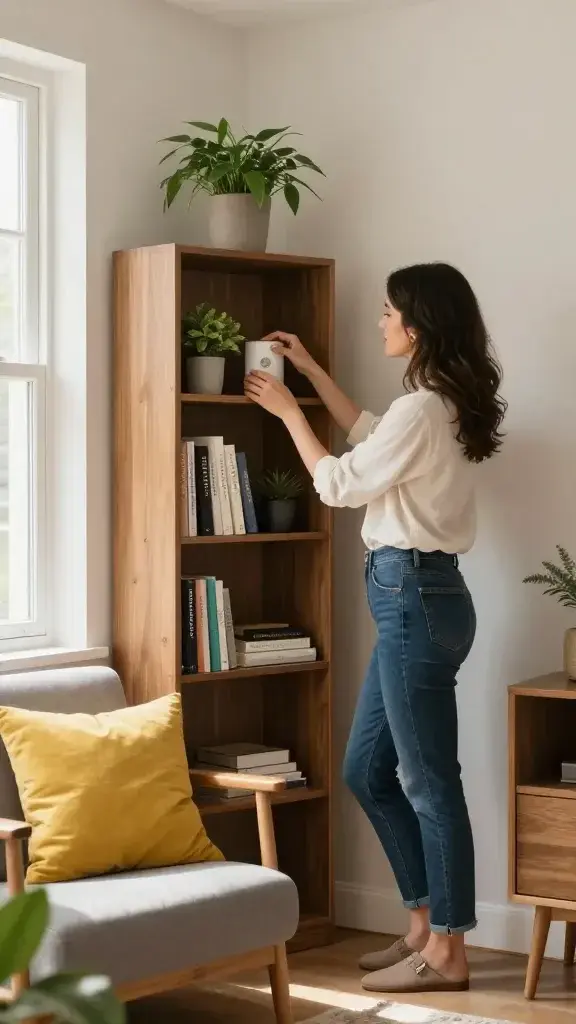 A realistic high-quality photo of a stylish, well-lit living space in a modern home, featuring a single tidy corner that has just been refreshed: a curated bookshelf with a small potted plant, a bright accent throw pillow on a nearby chair, and a minimal, uncluttered display that conveys calm and productivity. The main subject is a confident, chic woman standing in the foreground, embodying the article’s “That Girl Weekend Routine” vibe, dressed in casual but polished attire, gently arranging a decorative item on the shelf. The scene is bathed in natural light from a nearby window, with soft shadows and warm neutrals contrasted by a pop of color from the throw pillow and plant. The background shows a tidy, organized space with clean lines, a touch of greenery, and subtle, tasteful decor—no text or overlays. The overall mood conveys quick, effective 15-minute makeover energy, with a tangible improvement visible in the refreshed corner.