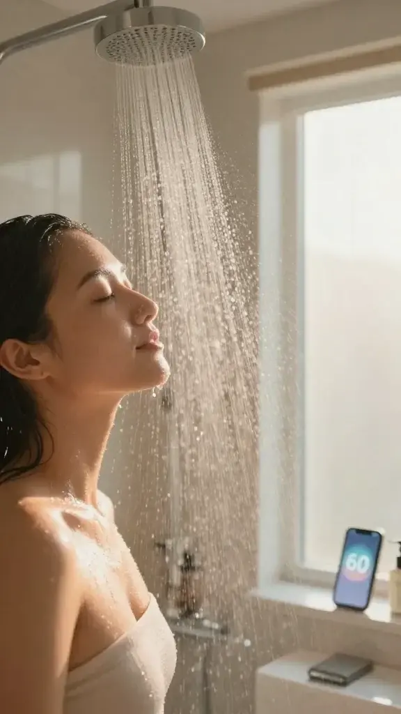 A realistic, high-resolution photo of a serene bathroom scene at dawn. In the foreground, a person stands under a gentle, warm shower spray, droplets catching the light as they leave a misty veil around them. The person is seen from the shoulders up, calm and purposeful, eyes closed, signing a moment of clear intention. The bathroom has soft, natural tones with a clean, minimalist design: light wood accents, a frosted glass shower door, and a subtle diffuser emitting a faint citrus and eucalyptus aroma. A smartphone on a marble counter displays a 60-second countdown timer with a soft glow, positioned subtly within the frame. The overall mood is focused and intentional, conveying a mindful, reset-ready moment before the water begins. No text or overlays on the image.