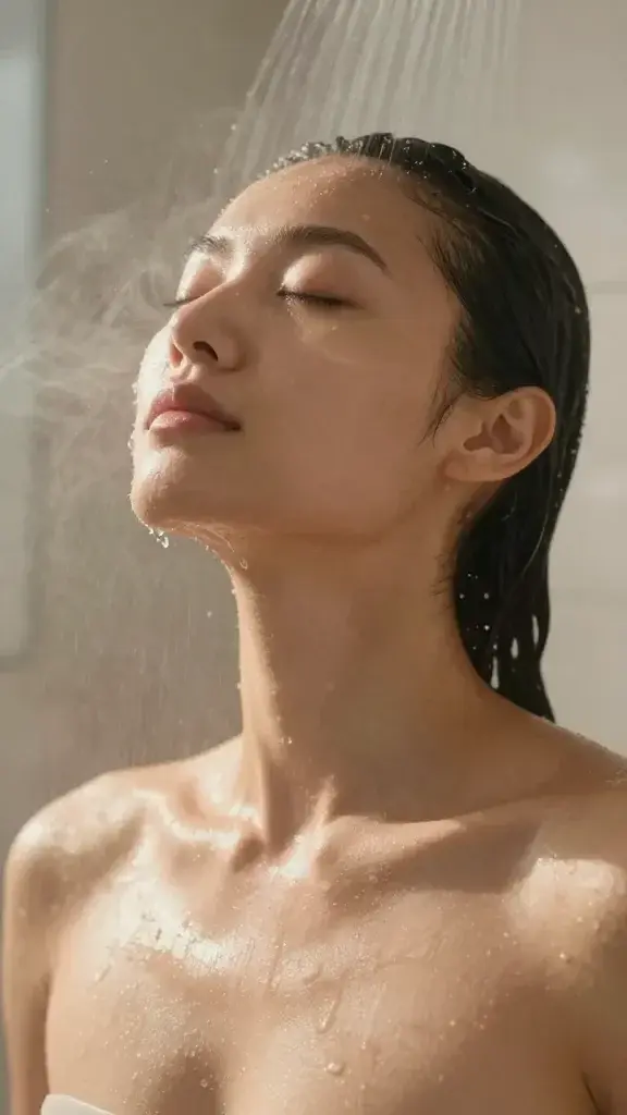 A realistic, high-quality close-up portrait of a calm, relaxed person standing under a warm shower getting ready to learn how to take an everything shower