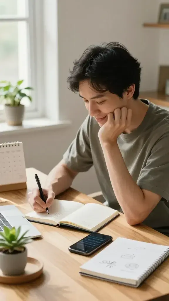 A realistic, high-quality photo of a thoughtful, smiling adult (late 20s to early 40s) seated at a clean wooden desk in a bright, cozy home office. The person is mid-action, jotting notes in a simple diary with a calm expression, surrounded by everyday items that suggest small daily experiments: a calendar open to a 30-day month, a smartphone displaying a reminder, a mug, a small plant, a notebook with a few doodles, and a subtle tray with everyday task remnants. Soft natural light pours in from a window, casting gentle shadows and highlighting a sense of focus and calm experimentation. The scene conveys a moment of deliberate, tiny daily actions aimed at discovering what sparks joy, with no clutter and a clear, inviting atmosphere. The main subject should reflect an approachable, relatable vibe aligned with the article’s theme of tiny experiments leading to meaningful insights.