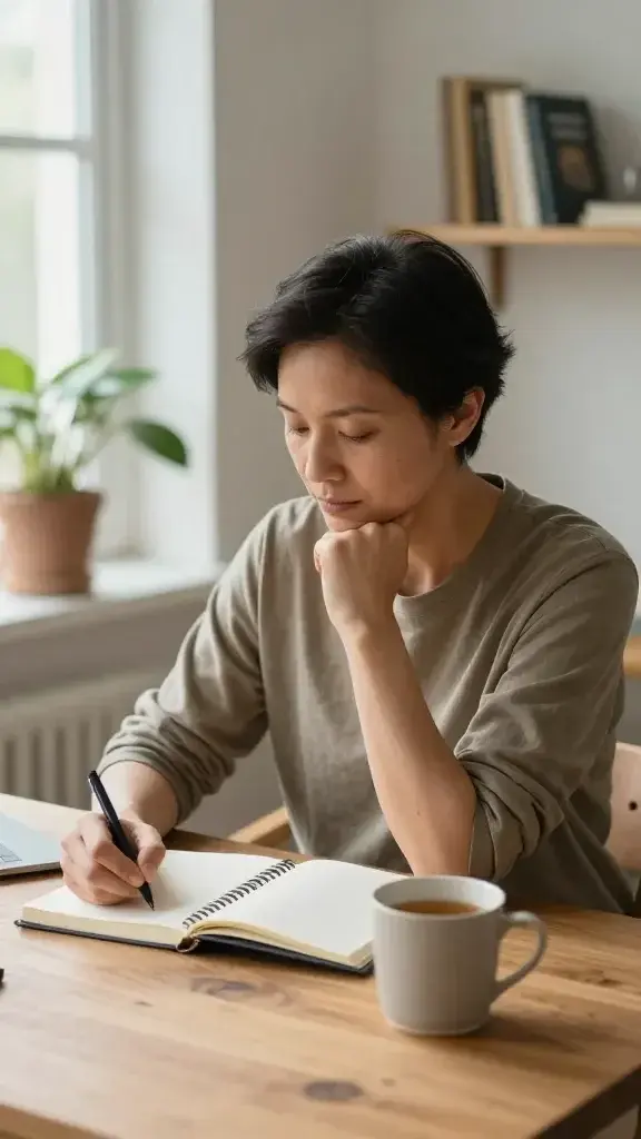 A calm, realistic high-resolution photo of a confident, contemplative person seated at a neat wooden desk in a softly lit journal nook, mid-30s to mid-40s, gender-neutral appearance, wearing comfortable, casual clothing in earthy tones. They are writing in a clean notebook with a thoughtful expression, a small mug of tea beside the notebook, and a softly blurred background featuring a plant, a window with gentle natural light, and a shelf of minimalistic self-help and wellness books. The scene conveys reflection and learning from mistakes without self-criticism, with subtle, warm tones, natural textures, and an overall atmosphere of peaceful self-compassion and growth.