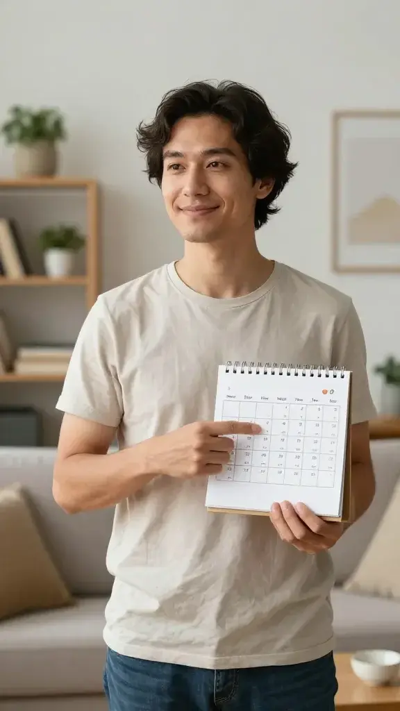 A realistic, high-quality photo of a calm, confident person standing in a sunlit, cozy living room, holding a small calendar or week planner and pointing to a highlighted date with a warm, purposeful smile. The room features a neatly organized, decluttered space with a tidy shelf, a small plant, and a softly blurred background that conveys a sense of intention and clarity. The subject exudes inner calm and integrity, embodying the moment of translating one core value into a concrete weekly action, such as volunteering, setting boundaries, or decluttering, with natural, inviting lighting and authentic, candid posture. No text or overlays in the image.