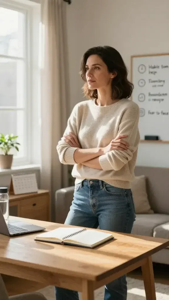 A realistic, high-quality photograph of a confident, contemplative adult woman standing in a sunlit, cozy living room that reflects growth and daily discipline. She is in her early 30s, with a calm, determined expression, wearing a softly tailored, neutral-colored outfit (e.g., cream sweater and tailored jeans) that exudes ease and confidence. She stands near a clean wooden desk with a small notebook open to a simple one-week plan, a cleared calendar, and a single plant; natural light streams through a large window with sheer curtains, casting warm, inviting shadows. The room features minimal, organized clutter: a water bottle, a closed laptop, and a few personal items suggesting healthy routines, boundaries, and aspirations. In the background, a whiteboard or corkboard displays three simple prompts (without text on the image): one habit to begin, one boundary to reinforce, and one fear to face, visually represented by symbols (a tiny clock for time-blocking, a boundary line or shield icon, and a courage badge). The overall mood conveys momentum, self-acceptance, and a clear path toward a more confident self in one year, with soft, natural lighting, realistic textures, and a focus on authentic daily life and achievable steps.
