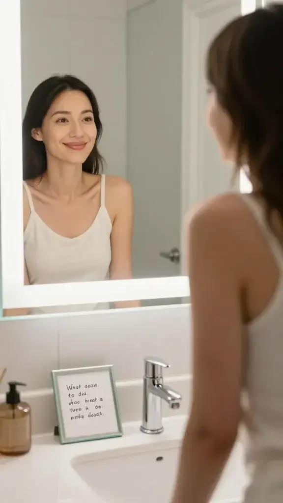 A high-resolution, realistic photograph of a serene bathroom scene in soft, natural morning light. In the foreground, a clean bathroom mirror reflects a warm, confident woman smiling gently at her reflection, embodying self-approval. On the counter next to a neatly arranged routine, a small handwritten note rests inside a glass frame, containing three affirmations and a line about what she’s excited to do today, but the text is not legible in the image. The mirror should subtly show a gentle glow around the edges, suggesting morning motivation. The scene conveys self-respect, calm confidence, and a positive start to the day, with neutral tones, tasteful decor, and a sense of intimate, private ritual.