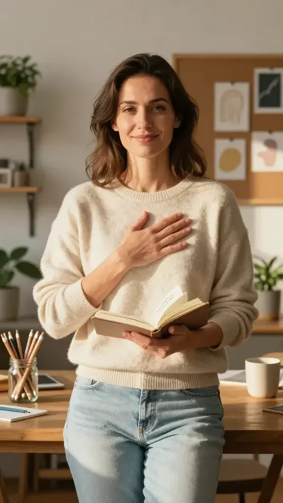 A realistic, high-quality photo of a serene adult woman in her early 30s standing in a sunlit, cozy workspace. She is centered, wearing soft, neutral-toned clothing (cream sweater and light jeans) with a gentle smile that conveys inner strength. She holds a small notebook open in one hand, with a few visible handwritten notes about patience, creativity, and perseverance, while her other hand rests on her heart in a subtle, self-affirming gesture. Surrounding her are warm, inviting elements: a wooden desk with a mason jar of pencils, a potted plant, a softly glowing mug, and a corkboard in the background with abstract, non-distracting shapes representing strengths. The lighting is natural and golden-hour, casting a calm glow that highlights the subject’s calm confidence and inner gratitude. The scene evokes a sense of gratitude for inner strengths and a confident, hopeful mindset for future challenges.