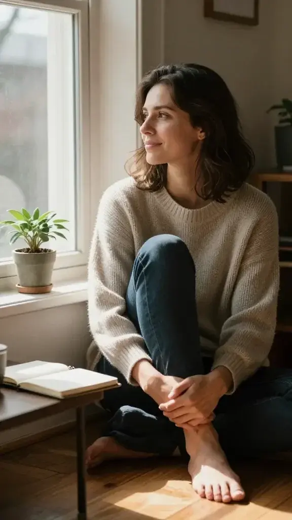 A realistic, high-quality photograph of a late afternoon scene featuring a calm, introspective woman in her early 30s sitting by a sunlit window with soft, natural light. She is gazing thoughtfully outside, one knee drawn up to her chest, a gentle smile hinting at inner strength. The room is cozy and uncluttered, with earthy tones, a small potted plant, and a notebook open on the table beside her, suggesting reflection and journaling about a tough moment she survived. The atmosphere conveys resilience, growth, and quiet empowerment, with subtle textures like a cozy knit sweater, a wooden floor, and warm sunlight casting long shadows. No text or overlays. The image should feel intimate, honest, and empowering, focusing on the main subject's sense of endurance and adaptability.