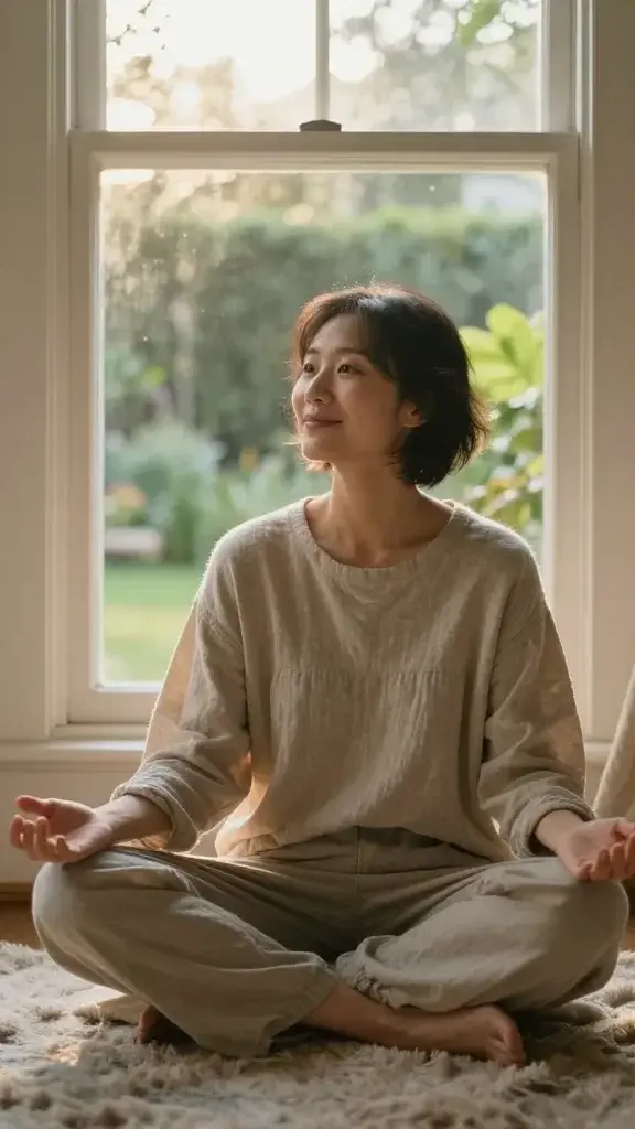 A serene, high-resolution photograph of a calm, reflective person sitting by a sunlit window in a cozy, softly lit room. The subject, mid-30s, with gentle features and a warm, welcoming expression, sits cross-legged on a plush rug, hands resting on knees in a relaxed, open posture. Outside the window, a tranquil garden with soft green foliage and diffused golden-hour light suggests a sense of continuity and growth. The scene conveys inner peace and steady self-talk across time, with the subject exuding kindness, resilience, and self-compassion. The mood is intimate and hopeful, with natural textures—linen, wood, and fuzzy throws—enhancing the tactile sense of soft self-talk. No text or overlays in the image.