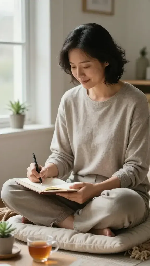A realistic, high-quality photo of a serene, reflective person sitting in a softly lit cozy space, captured in natural light from a nearby window. The subject, a calm adult with a gentle, compassionate expression, is seated cross-legged on a plush cushion with a warm blanket nearby. They are journaling on a clean notebook, a small plant and a cup of tea beside them, conveying a moment of mindful self-care. The background features a tidy, inviting environment with soft textures and neutral tones to emphasize warmth and self-compassion. The composition centers the person as the main subject from the article title, evoking proactive self-love and resilience without any text or overlays.