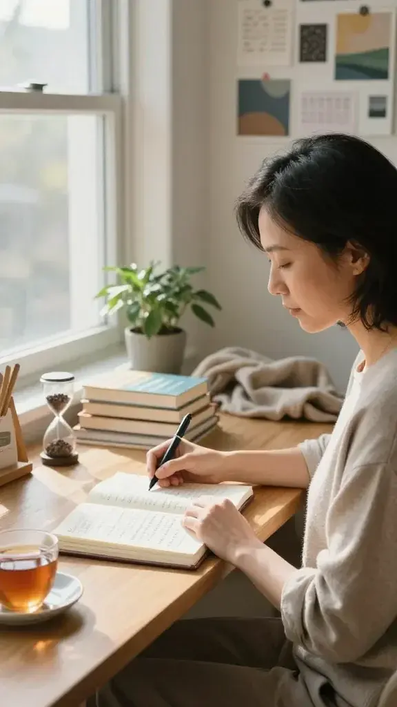 A realistic, high-quality photograph of a serene, softly lit personal space designed for self-discovery: a cozy, sunlit desk by a large window with warm natural light. On the desk: an open journal with neatly written prompts, a pen resting across the pages, a stack of well-loved self-help books, a timed hourglass, and a calm cup of tea. Nearby, a small potted plant adds a touch of life, and a plush throw blanket drapes over a nearby chair. In the background, a neatly organized mood board with subtle colors and abstract shapes suggests introspection and future-oriented thinking. The main subject is a calm, reflective person (adult, gender-neutral) seated comfortably, mid-30s to mid-40s, dressed in soft, neutral tones, eyes closed or gently looking down at the journal, conveying focus and self-compassion. The scene exudes peaceful intention, mindful structure, and a sense of personal dating-one-self through journaling, reflection, and creative or soothing activity. No text or overlays in the image.