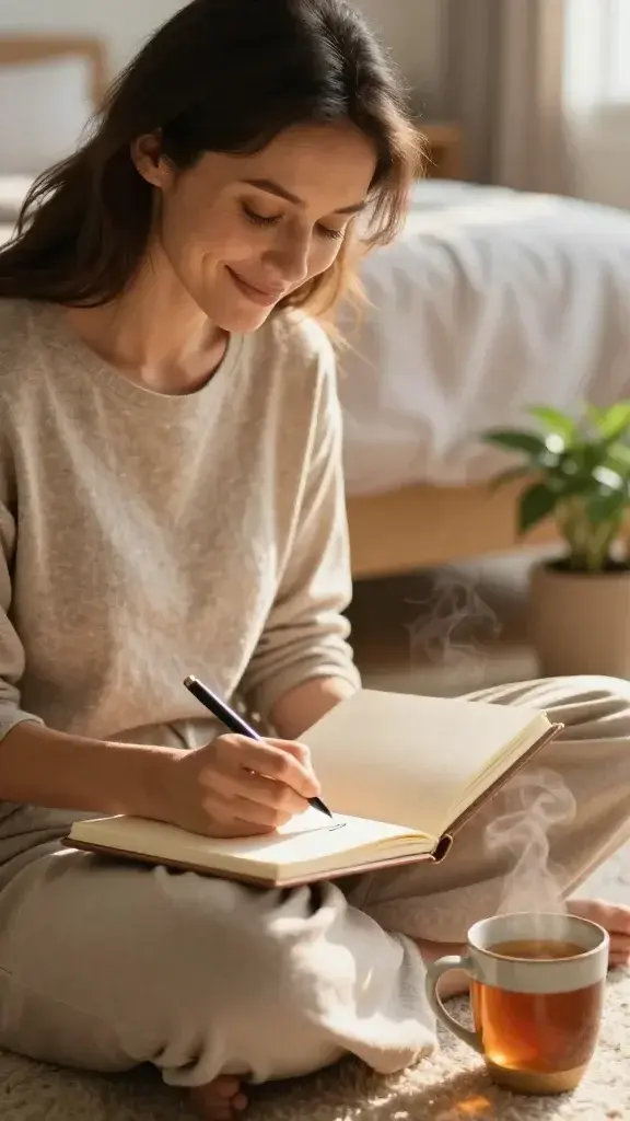 A serene, warmly lit bedroom at golden hour with a close-up focus on a calm, content adult woman seated cross-legged on a soft rug, journaling in a simple, elegant notebook. She smiles softly, eyes slightly downcast in reflection, holding a pen poised over the page. Beside her, a ceramic mug of tea emits gentle steam, and a small potted plant adds a touch of greenery. The scene conveys quiet self-reflection and gentle routine: a single line of gratitude, one improvement, and one bright promise for tomorrow suggested through the relaxed demeanor and intimate, cozy atmosphere. The overall mood is intimate, hopeful, and nurturing, with natural textures (linen, wood, and fabric) and soft, diffuse lighting that highlights warmth, self-care, and forward-looking growth. No text, no overlays. realistic, high-resolution photograph.
