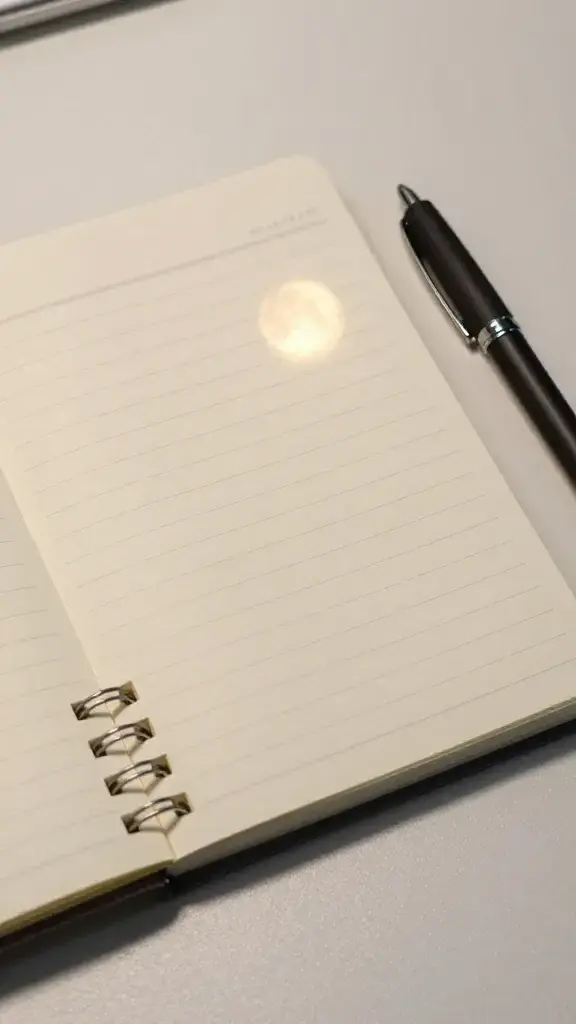 Closeup of a single notebook and pen on a clean desk, moonlight glow