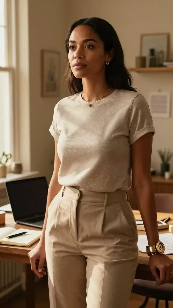 A high-resolution, cinematic photo of a confident woman standing in a sunlit, cozy creative workspace with warm amber tones. She is in her early 30s, of diverse ethnicity, wearing a chic, modern outfit—neutral tones with a single statement accessory like a delicate necklace or bold bracelet. She stands with relaxed, powerful posture, chin slightly lifted, eyes forward, a soft, determined expression that conveys inner voice and authenticity. In the background, a desk cluttered with a notebook, a fountain pen, a laptop, and a few handwritten lines visible but not legible, hinting at journaling and daily affirmations. Soft natural light streams from a window, casting gentle shadows and creating a calm, inviting atmosphere that conveys trust in one’s own voice. The scene exudes empowerment, individuality, and subtle artistry, as if she is about to shape her world with her unique perspective. No text or overlays.