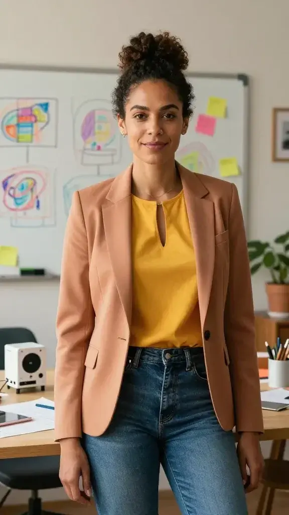 A high-quality, realistic portrait of a confident, modern woman standing in a sunlit, creative workspace. She is mid-thirties, diverse representation preferred (e.g., Afro-Latina or Afro-Caribbean), with natural hair styled in a stylish, practical updo. She wears a chic, breathable blazer over a vibrant, solid-color top and tailored jeans, exuding resourcefulness and optimism. In the background, a cluttered but organized desk features a whiteboard with three offbeat ideas sketched in colorful markers, a small prototype device, sticky notes, and a plant adding life to the scene. The lighting is warm and natural, highlighting her expressive face as she smiles slightly, radiating resilience and ingenuity. The composition centers her as the main subject, with a shallow depth of field that keeps the focus on her confident presence while suggesting a dynamic problem-solving environment. No text or overlays.