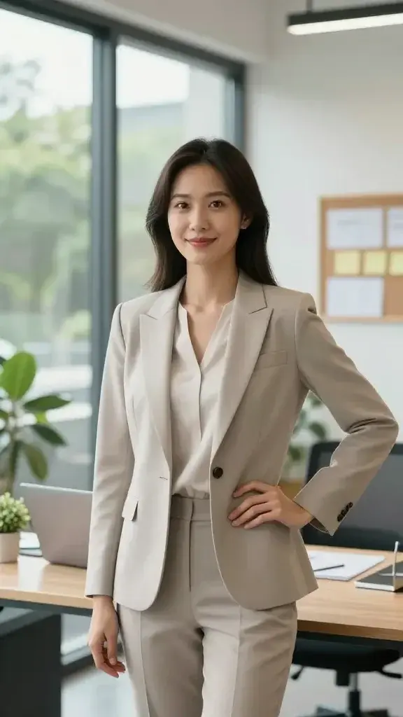 A realistic, high-quality photo of a poised woman in her early 30s standing in a sunlit modern office with large glass windows and lush greenery outside. She exudes calm confidence, wearing a tailored blazer in a soft, neutral tone and a simple blouse. She is captured in a candid moment of boundary-setting: one hand resting gently on her hip while the other is held slightly away from her body in a clear, respectful gesture as if signaling a boundary. Her expression is serene yet assertive, with a warm, approachable smile and bright, focused eyes. The background includes a tidy desk with a laptop, a small plant, and a note-board with a few organized, subtle reminders, all softly blurred to keep the subject in sharp focus. The lighting is natural and flattering, emphasizing the balance of kindness and strength in her posture and demeanor. The overall mood conveys sustainable leadership, grace under firmness, and space for meaningful work.