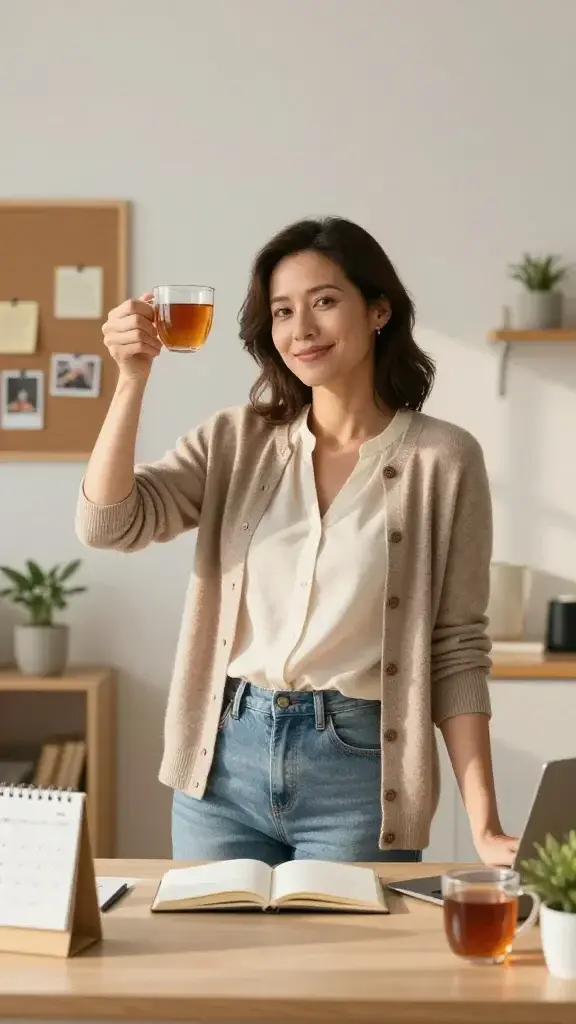 A realistic, high-quality photo of a confident woman standing in a sunlit, minimalist home workspace. She is mid-30s, wearing a chic, casual outfit in soft, empowering colors (cream blouse, light denim or taupe cardigan). She raises a small glass of tea or toast in a gentle celebration pose, with a warm smile and a sense of accomplishment. Surrounding her are subtle, daily-milestone props: a corkboard with a few tiny notes and photos pinned, a small desk calendar showing a few dated milestones, a neatly arranged notebook, a neatly lit mug with a warm beverage, a tiny potted plant, and a blurred but inviting background suggesting a cozy, organized creative space. The lighting is natural and golden hour, casting a flattering glow that highlights a sense of momentum and daily ritual. The composition centers the subject slightly to the left, with soft bokeh and a clean, uncluttered aesthetic that conveys consistency, micro-habits, and building toward a bigger dream.