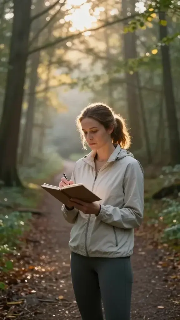 A realistic, high-quality photo of a thoughtful woman standing at a serene forest trail at dawn, softly lit by golden sunlight filtering through tall trees. She is in athletic casuals with a lightweight jacket, holding a small notebook in one hand and a pen in the other, her expression calm and focused as she glances slightly downward toward the notebook while writing self worth journal prompts. The scene conveys inner reflection and listening to intuition, with a subtle impression of a gentle, almost invisible glow around her head to imply inner guidance. The background shows a winding path ahead, with dewy leaves and a peaceful, slightly misty atmosphere, suggesting that she is pausing to check in with her gut and write down insights before stepping forward. No text or overlays.