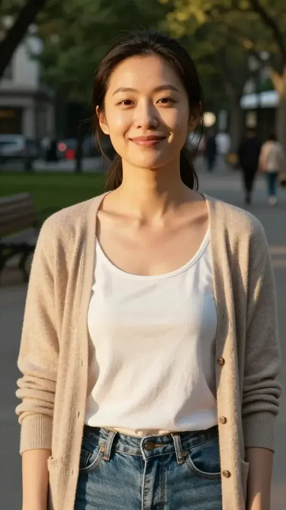 A high-resolution, candid-style photograph of a woman in her early 30s standing in a sunlit urban park during golden hour. She has a gentle, genuine smile that conveys quiet resilience, with soft natural makeup and casual, comfortable clothing in warm tones (beige cardigan, white top, denim jeans). Her posture is relaxed yet confident, shoulders back, chin slightly lifted, as if she just shared a positive moment with someone off-camera. The background shows blurred greenery and a hint of city elements (bench, distant people) to evoke everyday struggle and small acts of defiance. The light highlights the contours of her face and the subtle sparkle in her eyes, suggesting hope awakening. The scene feels intimate and real, captured with a shallow depth of field to keep the subject sharply in focus while the surroundings gently blur, conveying a moment of reset and renewed perspective. Ultra-realistic, high dynamic range, natural color grading, no text or overlays.
