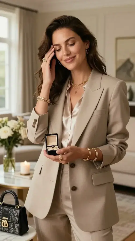 A high-resolution, realistic portrait of a confident, stylish woman standing in a softly lit, elegant living space with warm, neutral tones. She exudes wealth as a personal style, wearing a chic, tailored blazer over a silky blouse and delicate jewelry—think layered gold chains, a statement ring, and a few tasteful bracelets—complemented by a small, tasteful accessory like a designer handbag resting on a nearby surface. She smiles gently, skin glowing, with natural makeup and a subtle, confident pose that suggests abundance. In one hand she holds a small, tasteful jewelry box as if about to wear it, and in the other hand she lightly touches her temple in a relaxed breath, embodying a daily ritual. The background features tasteful decor: a marble coffee table with a single candle, a vase of fresh flowers, and a window with sheer curtains letting in soft daylight. The overall mood is chic, empowering, and grounded in real life, illustrating wealth as part of her signature style rather than something chased. No text or overlays.