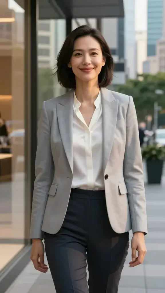 A high-resolution, realistic photo of a poised, affluent-looking woman standing confidently in a modern, upscale urban setting. She is dressed in a chic, tailored, light-gray blazer over a silky white blouse with slim-fitting dark trousers. Her shoulders are back, chin raised, and a warm, genuine smile plays on her lips, exuding quiet confidence. She stands near a glass storefront with soft, golden-hour natural light illuminating her face and creating a subtle glow. Behind her, a cityscape with polished high-rises and a hint of greenery suggests success and opportunity. Her body language conveys magnetism and approachability—head held high, posture upright, hands relaxed at her sides or lightly clasped in front. The composition should be crisp and cinematic, with shallow depth of field to softly blur the background, focusing attention on her confident presence. No text or overlays in the image.