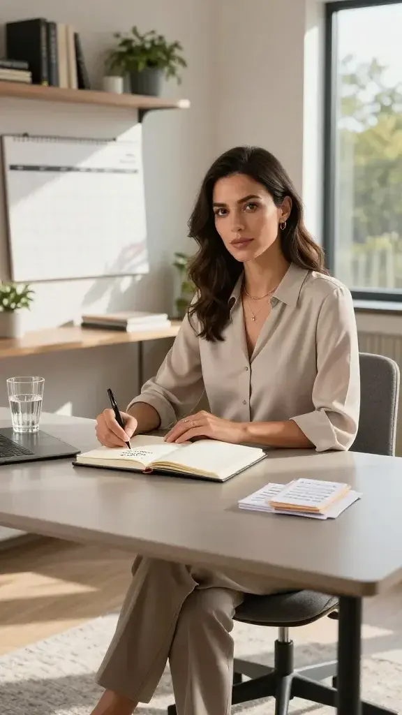 A realistic, high-quality photo of a confident, stylish woman sitting at a sleek minimalist desk in a sunlit modern home office. She is in her 30s, dressed in an elegant, neutral-toned blouse and tailored trousers, with subtle jewelry. On the desk in front of her, there is a clean notebook open to a page with a few bullet points: “win, lesson, action” and a weekly summary section, plus a small stack of neatly organized habit-tracking cards. A large wall calendar and a glass of water sit nearby, with warm natural light casting soft shadows across the room. In the background, a tidy bookshelf, a potted plant, and a window with a view of trees suggest calm focus. The scene conveys momentum, success, and a disciplined, money-positive mindset without showing any text on the image. The main subject exudes pride and composure as she reflects on her daily wins.