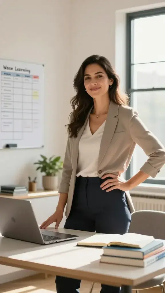 A realistic, high-quality photo of a confident woman standing in a modern, sunlit home office. She is mid-20s to mid-30s, wearing smart-casual attire (neutral tones with a pop of color), smiling with a sense of focus and purpose. In the background, a clean desk with a closed laptop, a notebook, and a small stack of financial planning books sits beside a potted plant. A whiteboard or corkboard on the wall displays simple, organized charts and a weekly learning plan with one new financial literacy tip visible, but not legible as text. Natural light streams through a large window, casting soft, warm tones that highlight her poised posture—one hand on her hip and the other relaxed at her side—conveying momentum, growth mindset, and the idea of learning fueling faster earnings. The scene exudes empowerment, professionalism, and a tangible link between learning actions and financial progress, without any visible text or overlays.