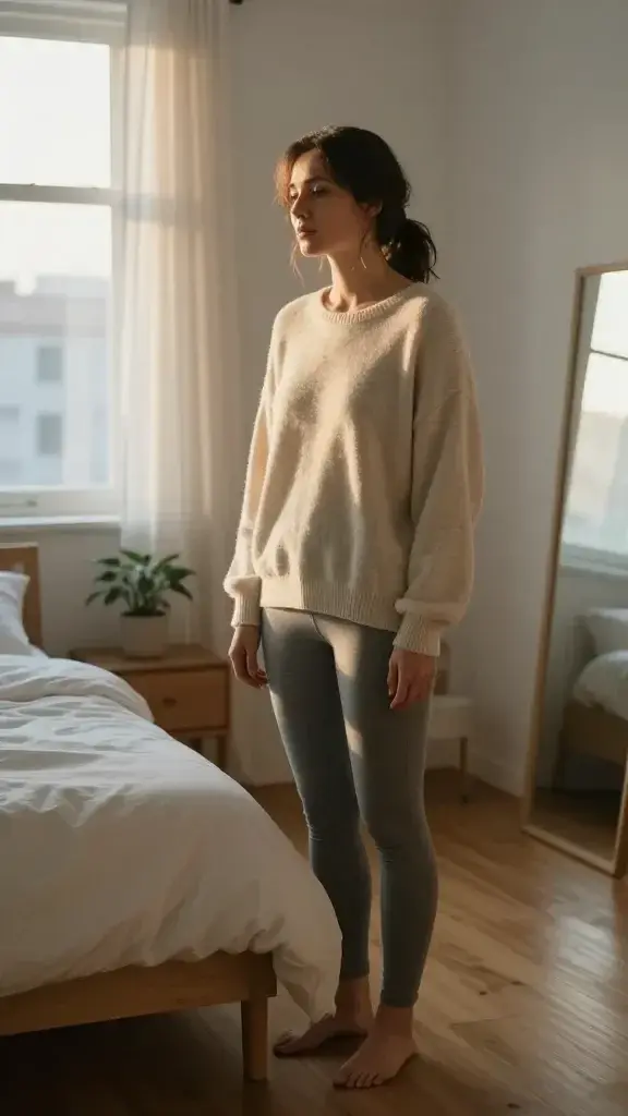A realistic, high-quality photograph of a weary, introspective woman standing in a softly lit, cozy bedroom at dawn. She is in her early 30s, with a calm, contemplative expression, wearing comfortable athleisure—soft gray leggings and a cream oversized sweater. She stands barefoot on a warm wooden floor, near a neatly made bed with a simple white duvet and a single plant on the nightstand, evoking a sense of calm and rest. Sunlight filters through sheer curtains, casting gentle, golden rays that illuminate her face and create a peaceful halo effect. In the background, a small, unobtrusive mirror hints at self-reflection, and a window reveals a quiet, minimal cityscape. The atmosphere conveys self-worth separate from tasks, with a soft, neutral color palette (creams, taupes, and pale blues) and textures—cotton, wood, and linen—that evoke rest, gentleness, and grounding. No text anywhere in the image.