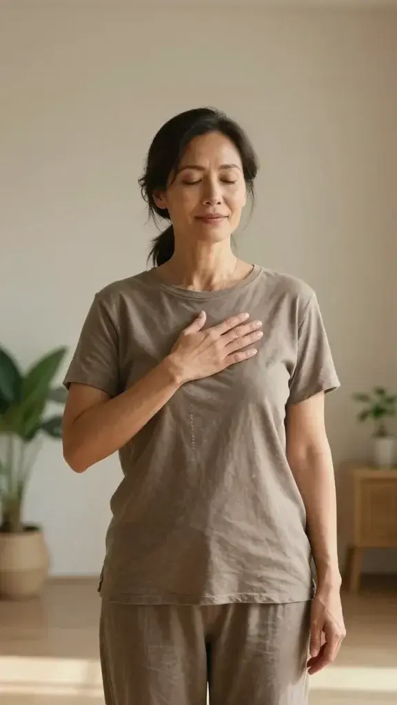 A hyper-realistic portrait of a confident, serene woman standing in a softly lit, airy space that conveys calm and release; she is in her 30s or 40s with natural makeup and wearing comfortable, casual attire in earth tones. She stands with relaxed shoulders and a gentle, peaceful expression, eyes slightly lowered as if letting go of tension. In the background, a minimalist room with neutral walls and a potted plant suggests a space of renewal. Her posture shows subtle motion of releasing energy: one hand rests near her heart while the other rests loosely at her side. The lighting is warm and natural, capturing subtle shadows to emphasize calm resilience. The overall mood conveys empowerment through letting go, focusing on what matters, and navigating storms with grace. No text, no overlays.