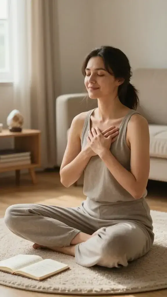 A realistic, high-quality photograph of a serene woman seated in a softly lit, cozy living space that conveys calm and ease. She is in a comfortable, meditative pose on a plush mindful-corner rug, one hand resting on her knee and the other gently over her chest as she practices a grounding breath (inhale for 4 seconds, exhale for 6). The room features warm, natural tones with natural light filtering through a sheer curtain, a small soothing object placed nearby (such as a smooth stone or a compact crystal) on a bedside table or shelf, and a tiny open journal with a few handwritten gratitude notes visible but not legible. The atmosphere suggests mornings with peaceful stillness, minimal clutter, and a subtle sense of spontaneous quiet resilience. The woman exudes calm confidence, with soft facial expression, relaxed shoulders, and a gentle, content smile that hints at the ease flowing through her day. No text or overlays present in the scene.