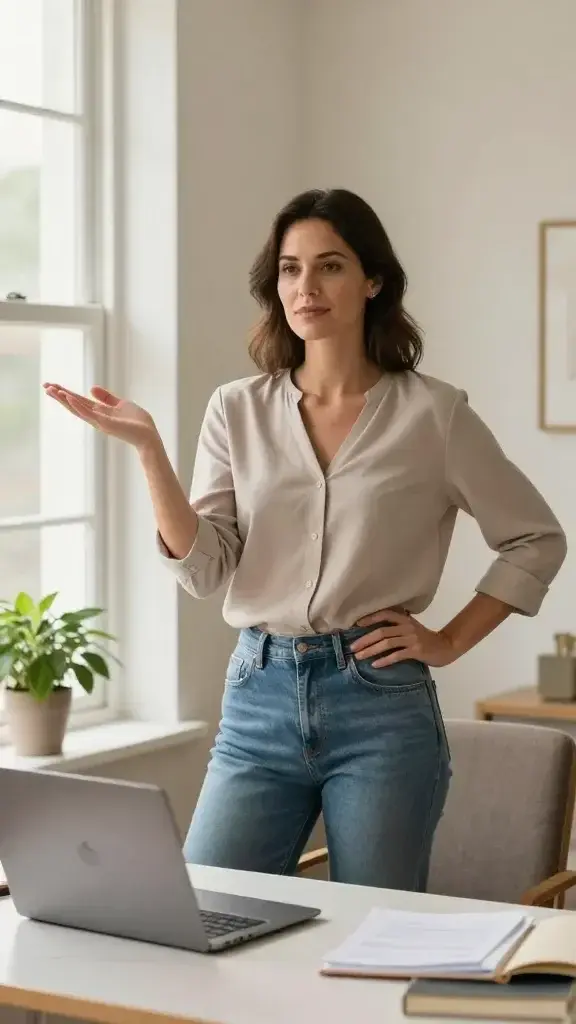 A realistic, high-quality photo of a seated, confident woman in her early 30s standing in a serene home office corner. She has a calm, determined expression and natural makeup, wearing a soft, neutral-toned blouse and tailored jeans. She stands near a desk with a small, lush plant and a closed laptop, a subtle hint of a doorway behind her suggesting separation between work and home. Her posture exudes boundaries and agency: one hand resting lightly on her hip, the other palm open in a gentle, assertive gesture as if signaling “stop” to a boundary. The room is warmly lit with natural light from a large window, clean lines, minimal clutter, and a calm color palette of creams, taupes, and soft blues. The atmosphere conveys balance, self-respect, and clear communication without guilt, illustrating how boundaries protect energy and improve relationships. No text, no overlays.