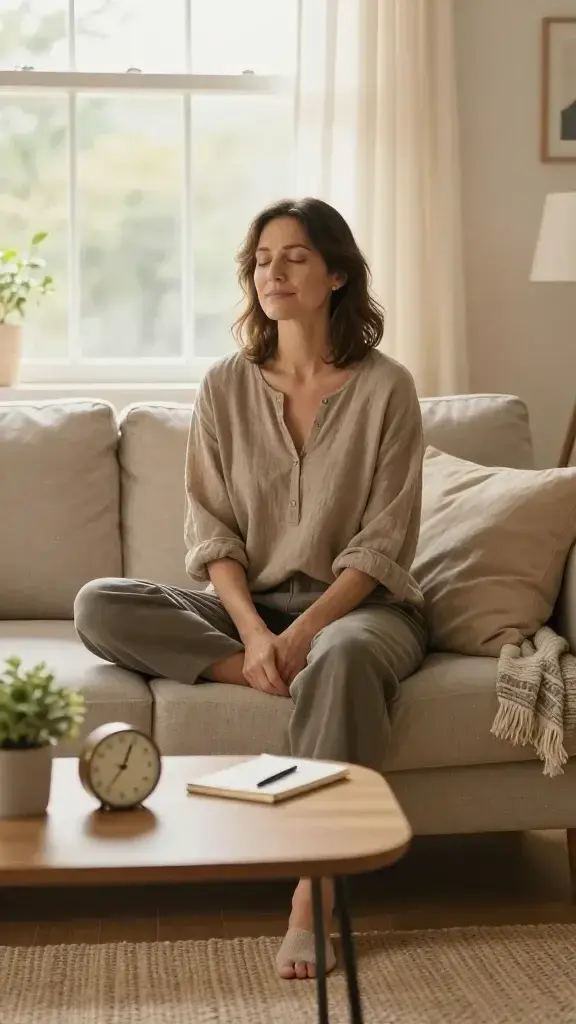 A realistic, high-quality photo of a serene woman sitting comfortably in a sunlit living room, mid-30s to 40s with natural makeup and relaxed, confident posture. She is seated on a soft, neutral-toned sofa near a large window that lets in warm, diffused morning light. She wears casual, comfortable clothing in earth tones and has a gentle, contemplative expression as she closes her eyes for a moment of presence. In front of her on a small coffee table, a few simple items are arranged: a ticking clock showing a two-minute interval, a small potted plant, and a compact journal with a pen resting beside it. The room feels peaceful and uncluttered, with subtle textures like a woven rug, a cozy throw blanket, and soft cushions. She is barefoot or wearing simple socks, exuding ease and self-kindness. There are no distractions in sight—only a quiet atmosphere that invites mindfulness, self-compassion, and a gentle practice of being fully present in the moment.