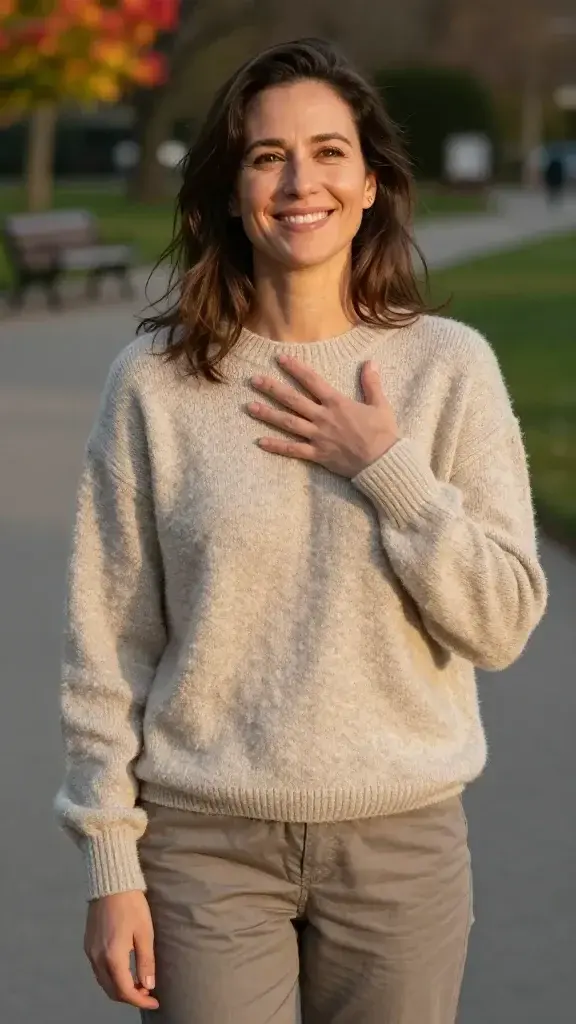 A realistic, high-quality portrait of a woman in her 30s–40s standing outdoors in soft, golden-hour light. She exudes calm confidence and a gentle, radiant smile, embodying joy finding her in unexpected places. She is dressed in comfortable, casual attire (soft knit sweater and pants) with natural makeup and loose hair. The background hints at everyday life: a park path, a distant bench, and a hint of colorful flowers or autumn leaves catching a small, unexpected splash of color. She holds a small, carefree posture—one hand lightly touching her chest as if savoring a moment of relief, the other hand relaxed at her side. Her eyes are open and bright, reflecting a subtle spark of joy. The scene conveys resilience, renewal, and the notion that joy emerges even on challenging days, without text or overlays.