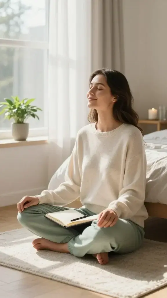 A serene, realistic high-quality photograph of a woman in her early 30s sitting cross-legged on a soft, sunlit bedroom rug beside a large window with sheer white curtains. She is in a peaceful, contemplative pose with her eyes gently closed and a slight, content smile. She wears comfortable, earth-toned loungewear (cream sweater and soft sage-green joggers). A small, potted plant sits on a nearby windowsill, and a journal and a pen lie open in her lap, suggesting a daily routine of reflection. Warm morning light pours in, casting gentle shadows and highlighting a calm, organized space: a minimalist bedside table with a single candle and a water glass, and a light wood floor. The overall mood conveys faith, peace, and a new normal of Sabbath-like calm, with the subject embodying a transition from survival to serene momentum. No text or overlays in the image.