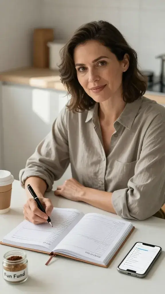 Create a high-resolution, naturalistic photograph of a confident woman seated at a tidy kitchen table with a clear, simple budget planner open in front of her. She is mid-30s, wearing a casual yet polished outfit, with a warm, approachable expression. The scene conveys calm financial empowerment: open budgeting notebook showing a clear 50/30/20 framework, a pen poised as she tracks essential categories like housing, food, and transport, and a small jar labeled “Fun Fund” on the table. Include a gentle, soft-focus background with neutral tones and subtle sunlight streaming in, a reusable coffee cup, and a smartphone with a sparse, well-organized expense list on the screen. The overall mood is practical, reassuring, and realistic, illustrating a simple, honest budget that reduces anxiety and promotes control over money. No text or overlays in the image.