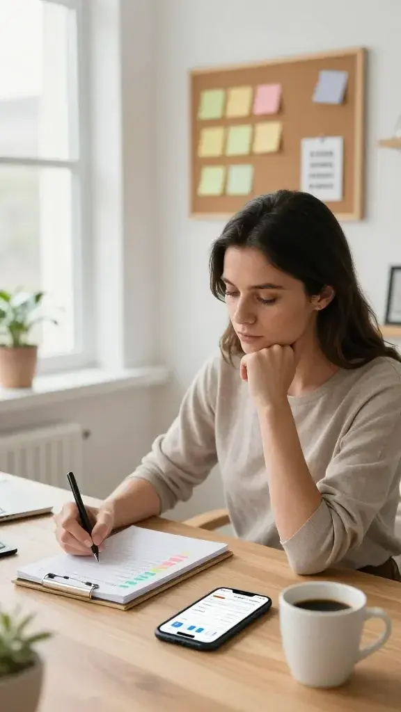 A realistic, high-quality photo of a confident woman in her early 30s seated at a tidy wooden desk in a bright, modern home office. She is looking thoughtfully at a notepad where she’s listing debts from smallest to largest, with colorful sticky notes arranged in ascending order. In front of her, a smartphone displays a simple budgeting app with charts, and a cup of coffee rests nearby. Soft natural light streams in through a large window, illuminating a corkboard on the wall with minimalistic, non-distracting personal goals and a small, framed motivational quote. The scene conveys calm focus, momentum, and a tiny-first approach to financial decluttering, with no text present in the image.