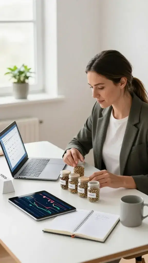 A realistic, high-quality photo of a calm, confident woman in her 30s seated at a minimalist desk in a bright, modern home office. She wears smart-casual attire and looks relaxed yet focused as she reviews a handful of small transparent seed money jars labeled with tiny amounts, a sleek laptop open to a simple, friendly investment interface, and a tablet displaying a broad market index chart. On the desk, a neatly organized calendar shows a recurring monthly contribution reminder, a notebook with discreet, handwritten notes about goals, and a ceramic mug. The background features soft natural light from a window, a small potted plant, and a clean, uncluttered aesthetic that conveys approachable, low-stakes investing. The overall mood is empowering, steady, and approachable, reflecting building confidence through small investing wins without intimidation.