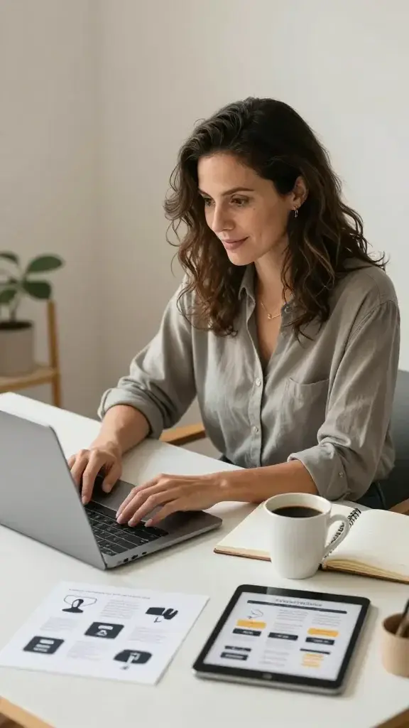 A realistic, high-quality photo of a confident woman in her 30s-40s working from a cozy, well-lit workspace. She sits at a clean desk with a laptop open, a notebook, and a cup of coffee, surrounded by subtle indicators of side-hustle ideas: a small printed mock-up of a digital product, a tablet displaying a course outline, and a few craft materials hinting at a hobby turned into a product. The scene conveys balance and sustainability, with soft natural light, warm colors, and a calm, organized atmosphere that suggests she is turning skills into extra income without overloading her schedule. The woman wears casual-professional attire and smiles slightly, radiating focus and confidence as she multitasks efficiently. No text or overlays in the image.